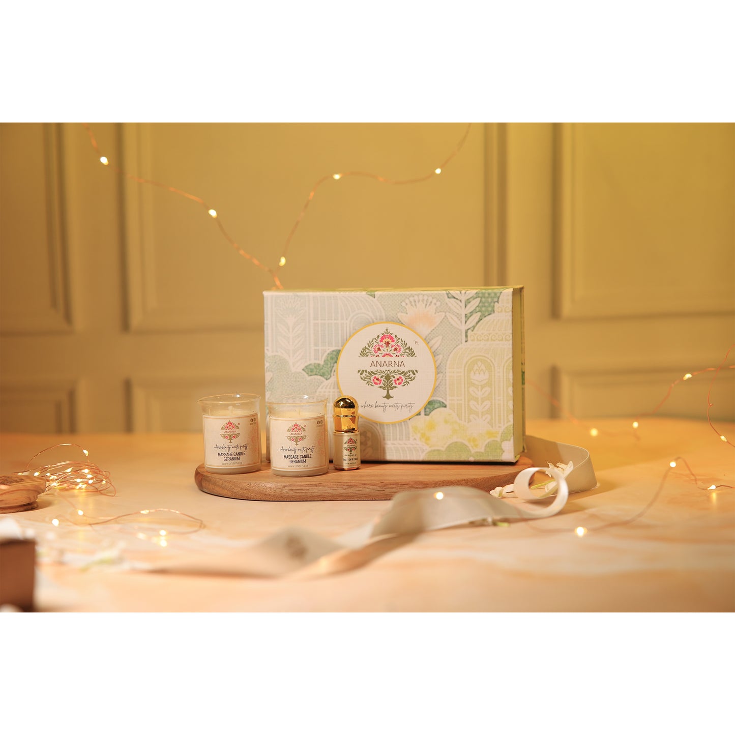 Fragrant Gift Set Box | Small Geranium Massage Candle | Small Lavender & Vanilla Massage Candle | Roll on Perfume