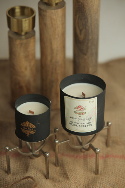 Patchouli & Rosewood Metal Candle Set